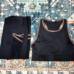 Fabletics Black Sports Bra & Leggings Set with Leopard Trim